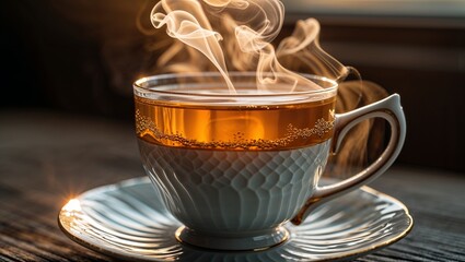 A delicately cascading stream of freshly brewed tea fills a porcelain cup, wisps of steam gently rising in the warm, natural light. 