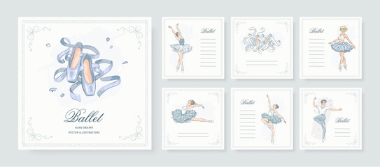 Set of ballet school square card template with hand drawn ballerina, pointe shoes on white background. Ballet studio poster, web banner, cover of flyer design. Vector illustration © AM_art