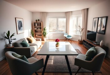 Fototapeta premium Minimalist living room with cozy workspace, modern table and natural light, minimal, scandi
