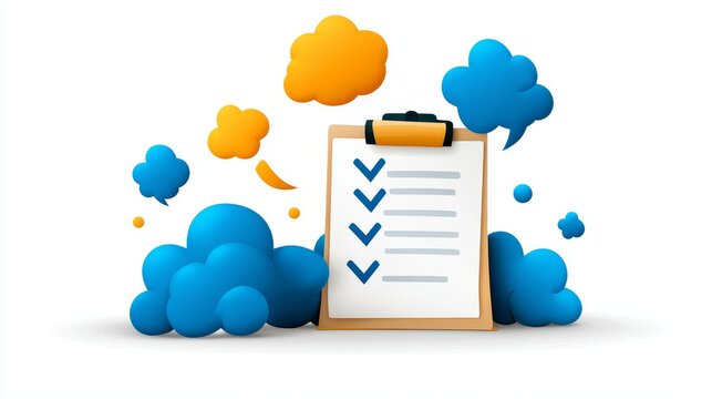 Checklist on Clipboard with 3D Clouds Brainstorming Ideas