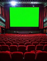Fototapeta premium Contemporary Theater Setup with Plush Red Seating and Green Screen Stage 