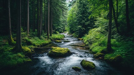 Obraz premium Serene River Vista: A Tranquil Stream Flowing Through Verdant Woodland