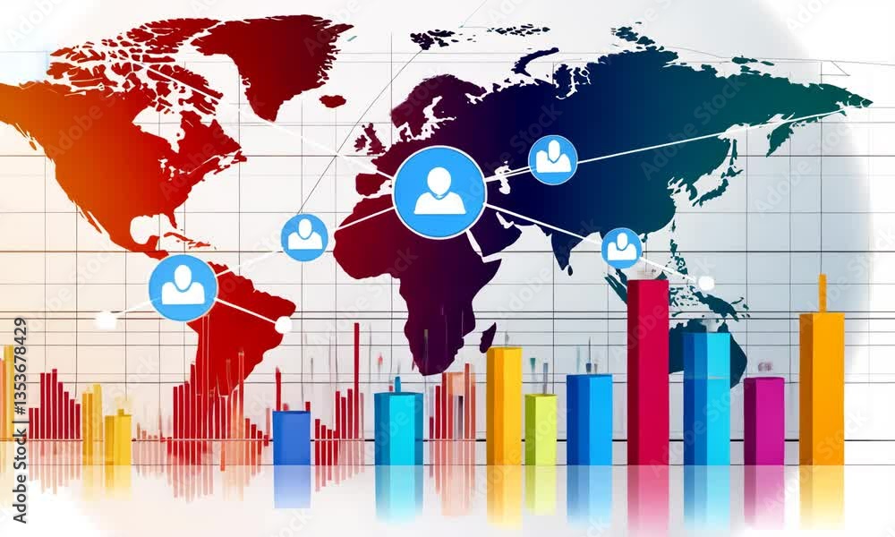 Poster world map and colorful bar graph with connected people icons displaying global business connections 