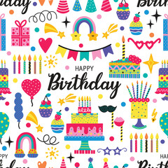 Party seamless pattern with cakes, gift boxes, balloons and party decoration. Great for birthday parties, textiles, banners, wallpapers, wrapping. Hand drawn elements. Vector illustration