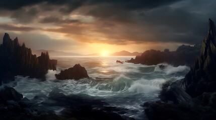 Obraz premium Dramatic Ocean Sunset Rocky Coastline Scene