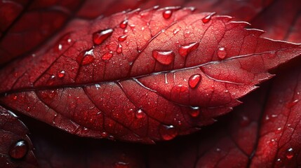 Fototapeta premium Red Autumn Leaf Dew Drops Macro Photography Nature