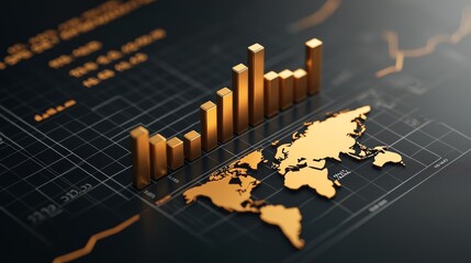 Global Growth Business Chart Gold Bar Graph Over World Map Showing Economic Increase