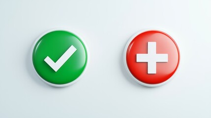 Obraz premium Green Check Mark and Red Plus Sign Buttons Choice Decision Making Concept