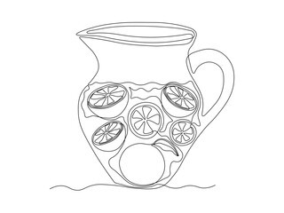 Abstract fruit orange citrus in syrup, stewed fruit in jug, pitcher, compote, lemonade, sangria. continuous single one line art hand drawing sketch logo