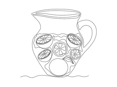 recommend clip art: Abstract fruit orange citrus in syrup, stewed fruit in jug, pitcher, compote, lemonade, sangria. continuous single one line art hand drawing sketch logo