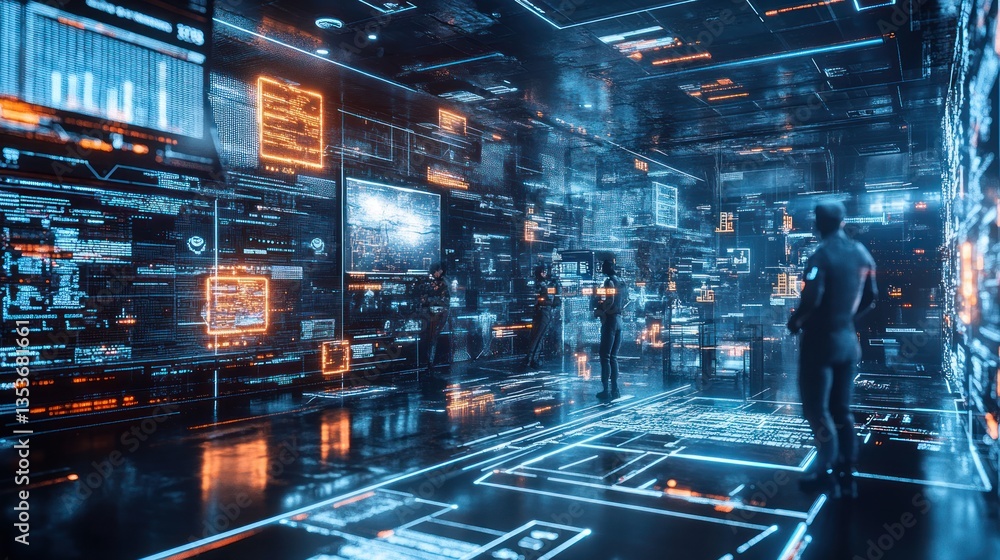Poster futuristic cyber warfare simulation room with ai driven avatars in action