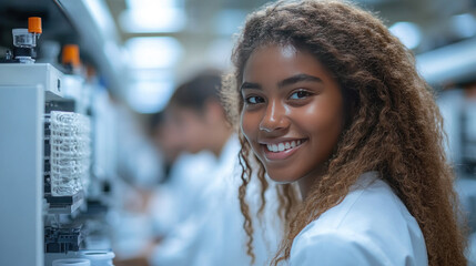 Students experimenting with 4D printing in chemistry, creating shape-shifting molecular structures in an advanced STEM lab
