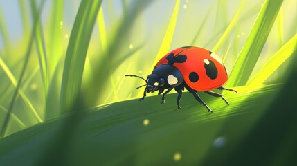 Obraz premium Ladybug on a blade of grass in sunlight.