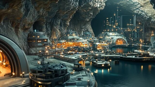 Mystic City of Light: A breathtaking depiction of a futuristic city nestled within a colossal cave, where glowing structures and reflective waters illuminate a scene of innovation and fantasy.