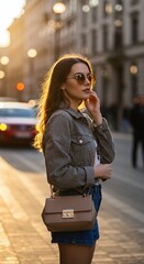 Fototapeta premium A stylish young woman confidently walking through a vibrant city street. She wears trendy outfits and oversized sunglasses. The urban background is softly blurred, creating a cosmopolitan vibe.