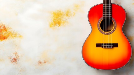 An acoustic guitar with a vibrant orange and yellow color scheme