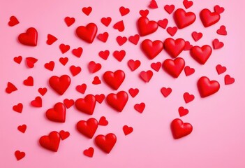 Scattered red hearts on pink background, festive and romantic, decor, valentines