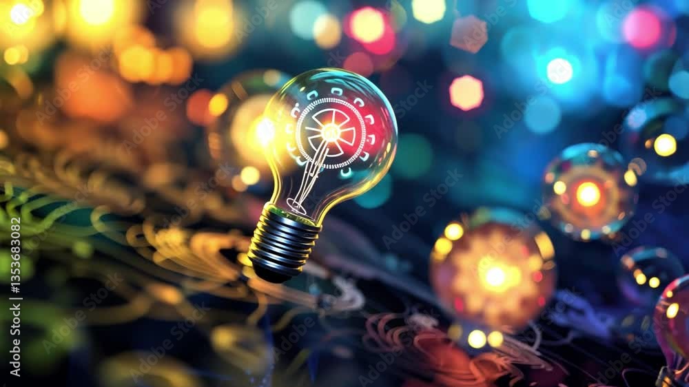Poster glowing light bulbs with intricate designs illuminate colorful bokeh background, creating artistic a