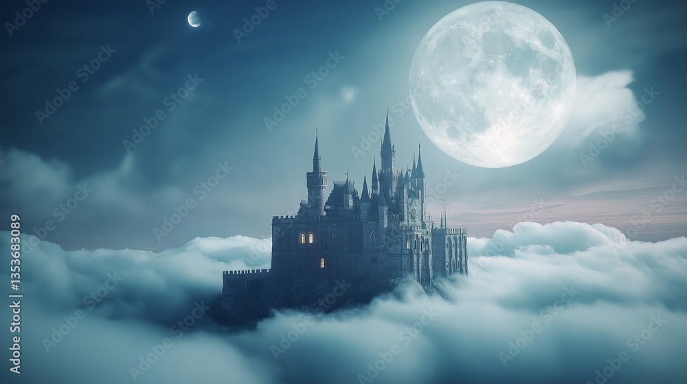 Aufkleber a medieval castle floating on a sea of clouds, illuminated by the moon.