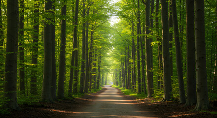 Obraz premium Enchanting Walkway Through a Lush Spring Beech Forest in Leuven, Belgium