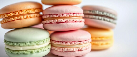 Fototapeta premium Nahaufnahme eines Stapels bunter Macarons auf weißem Hintergrund, ideal für süße Designs und Gebäckhintergründe.