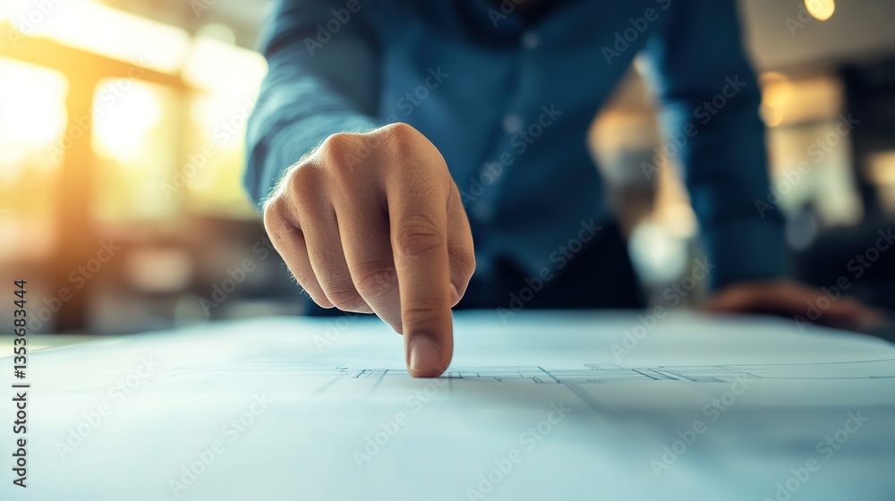 Poster engineer pointing at blueprint in a dynamic action shot