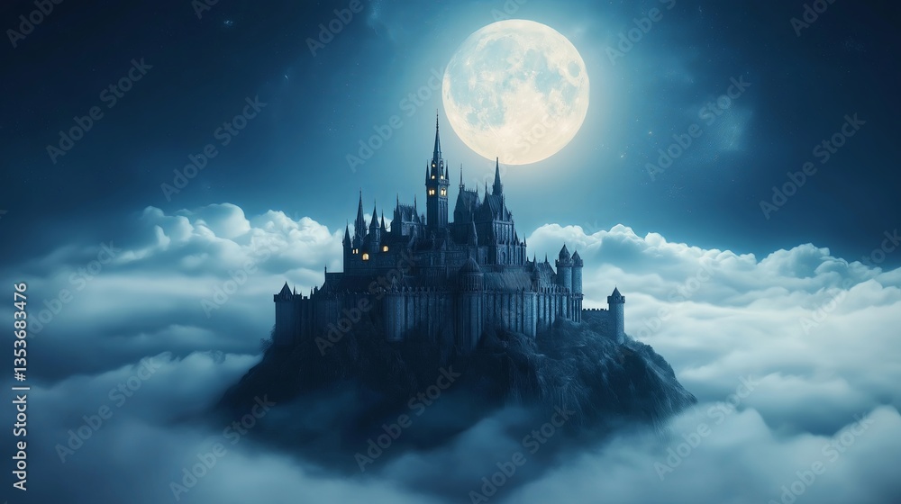 Poster a medieval castle floating on a sea of clouds, illuminated by the moon.