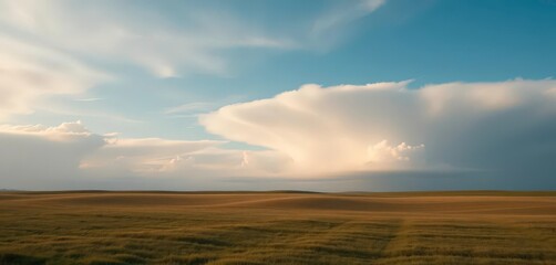 Serene landscape, soft grey clouds drift across a tranquil blue sky, image, calm