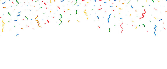 Decorative Colorful confetti border frame. Use for a birthday party or an event celebration invitation or decor. Celebration background template with confetti Colorful ribbons