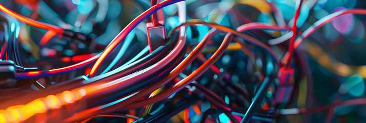 Intricate Network of Colorful Wires in Electronic Device Highlighting Connectivity and Complexity in Modern Technology