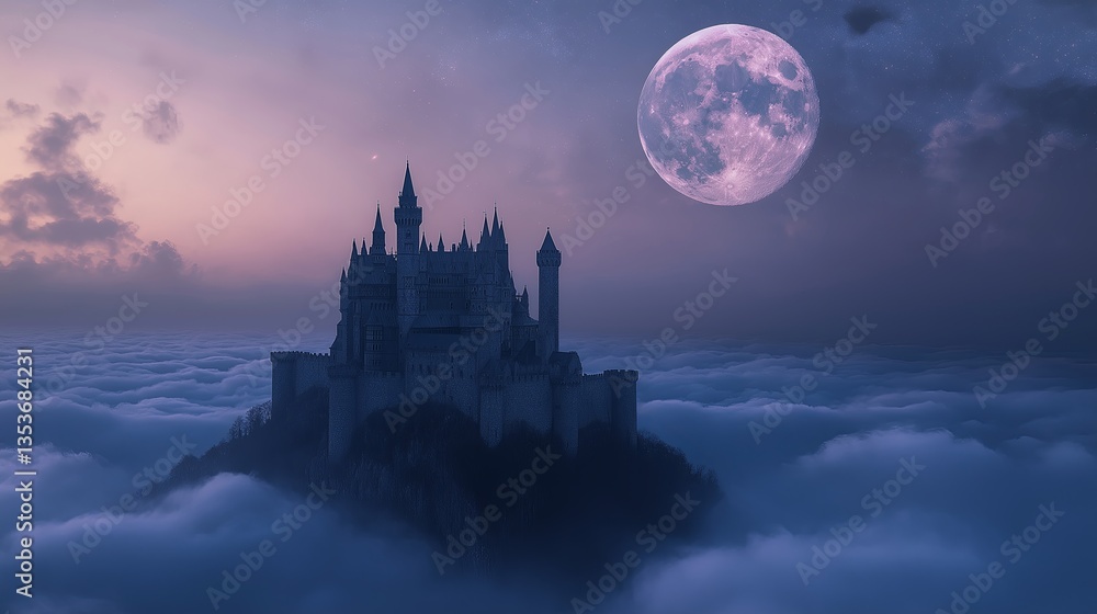 Poster a medieval castle floating on a sea of clouds, illuminated by the moon.