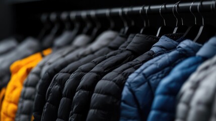 Variety of winter jackets on hangers