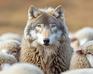 Fototapeta premium A wolf stands among sheep staring directly at the viewer