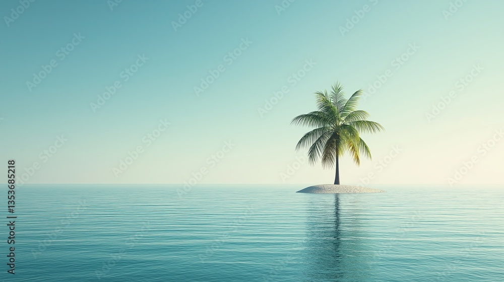 Poster a minimalist ocean scene with a lone palm tree on a tiny island