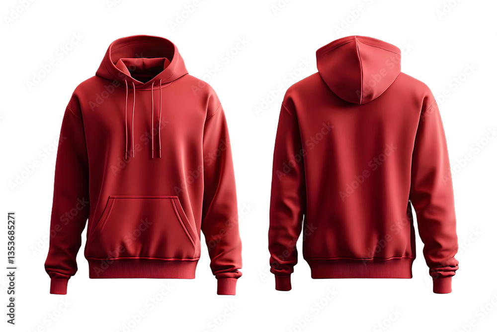 Poster true red hoodie mockup featuring drawstrings and front pocket shown from front and back views for de