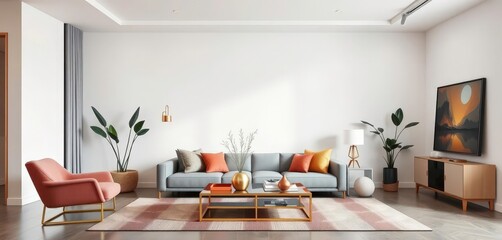 Sleek minimalist living room with bold geometric patterns, metallic accents, and curated accessories, stylish,  scandi
