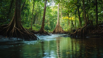 Obraz premium Lush Tropical Rainforest River Scene with Ancient Trees and Reflections