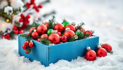 Small blue box overflowing with red & green Christmas ornaments; festive winter scene, holiday scene, xmas decor