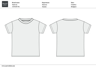 Basic Tee shirt overall technical fashion flat drawing template. Blank flat Short sleeve t-Shirt design for kids. Vector art illustration Front and Back View.
