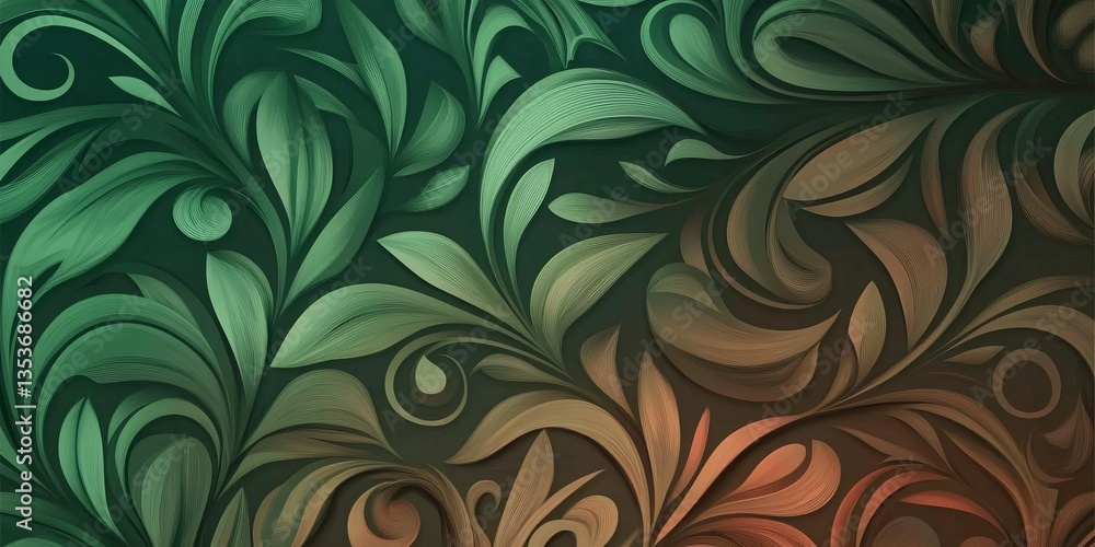 Aufkleber intricate abstract design featuring flowing leaves and elegant patterns in rich green and warm orang