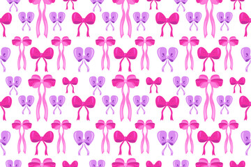 Pattern of pink bows is displayed on a white background. The bows are of various sizes and colors, creating a vibrant and playful atmosphere. Vector flat illustration