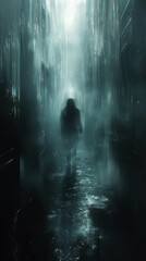 "Mysterious Silhouette in a Rainy Alleyway at Night"