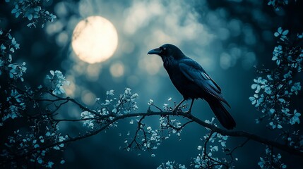 Fototapeta premium Lone crow perched on flowering branch at night, moonlit scene.