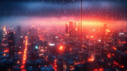 Fototapeta premium Rainy Urban Night Scene With City Skyline Orange Sunset and Lights