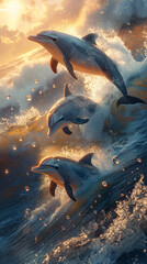 "Majestic Dolphins Leaping Through Ocean Waves at Sunset"