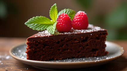 Decadent Chocolate Cake Slice with Raspberry Garnish
