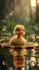 "Adorable Fluffy Duckling on Lily Pad in Magical Forest Light"