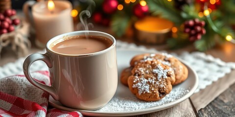 Steaming mug of hot chocolate with a plate of freshly baked Christmas cookies, sprinkles, marshmallows