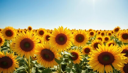 Obraz premium Sun-drenched field of vibrant sunflowers, heads bowed in full bloom, bloom, sunny