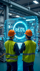 Two Men in Safety Vests Standing Before a Large Display Screen